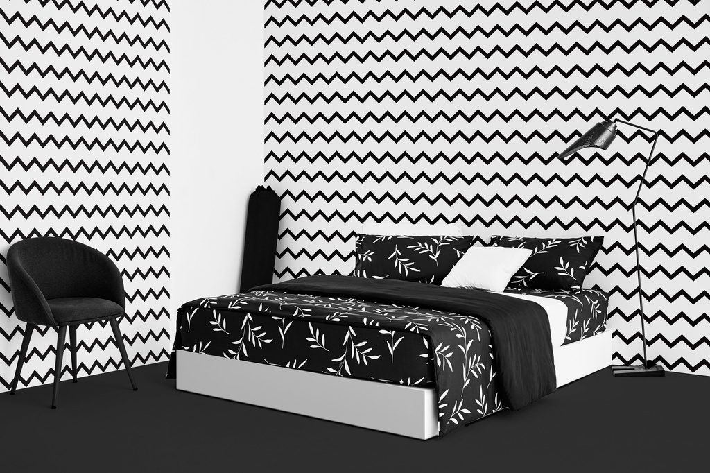 Lotus Black &amp; White - QS Fitted Bedsheet Set-5pcs - LI-BW-02B