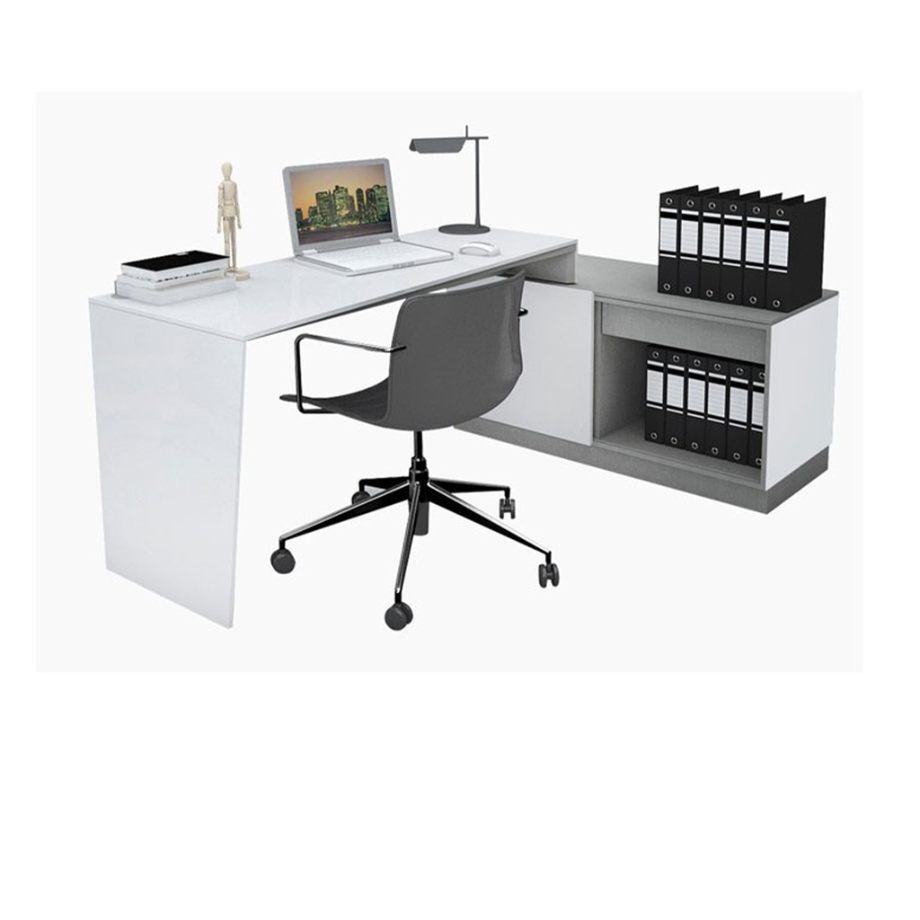 Trapez Desk 150cm with Side Cabinet - White/Grey-Twist