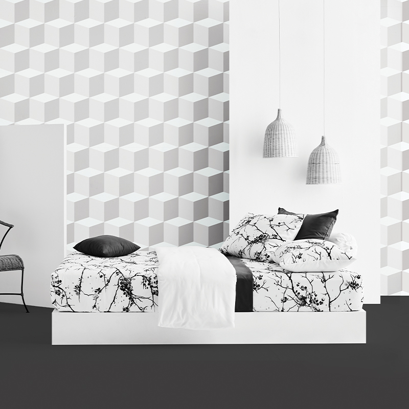 Lotus Black &amp; White - KS Fitted Bedsheet Set-5pcs - LI-BW-04W
