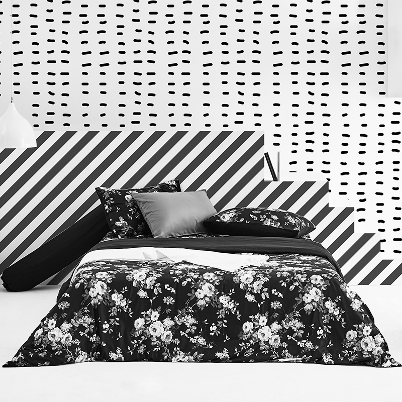 Lotus Black &amp; White - QS Fitted Bedsheet Set-5pcs - LI-BW-03B