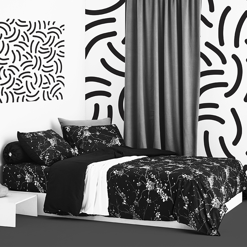 Lotus Black &amp; White - QS Fitted Bedsheet Set-5pcs - LI-BW-04B